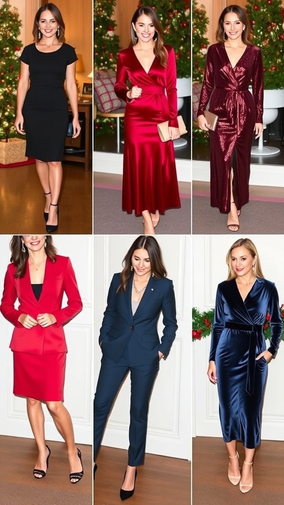 Stylish Christmas Party Outfits for Women A collection of fashionable Christmas party outfits for women, showcasing various styles and accessories.
